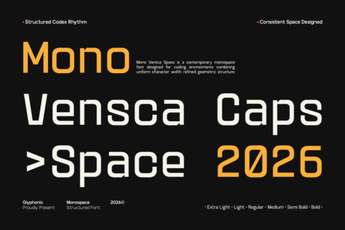 Mono Vensca Space 2026 font showcase with weight range, caps display, coding focus