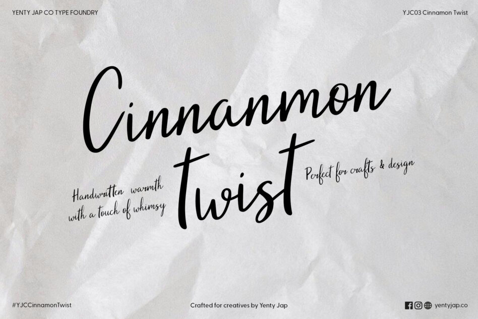 Cinnamon Twist font title in large script with descriptive tagline on beige background