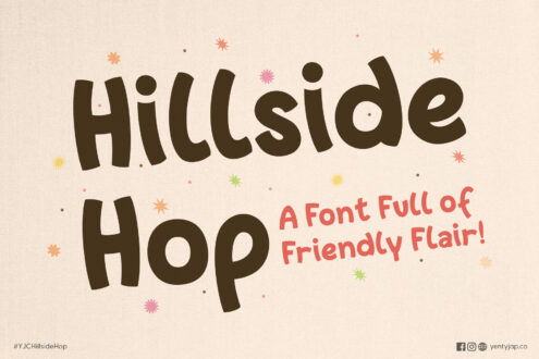 Dark text Hillside Hop with colorful decorative stars around it