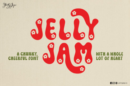 Jelly Jam in bold red wavy letters with flower details centered