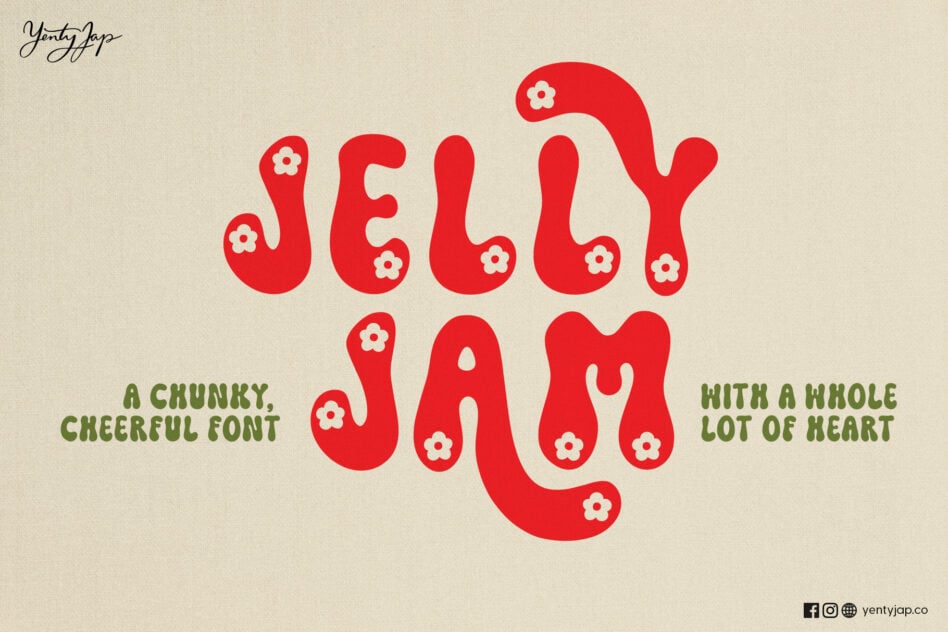 Jelly Jam in bold red wavy letters with flower details centered