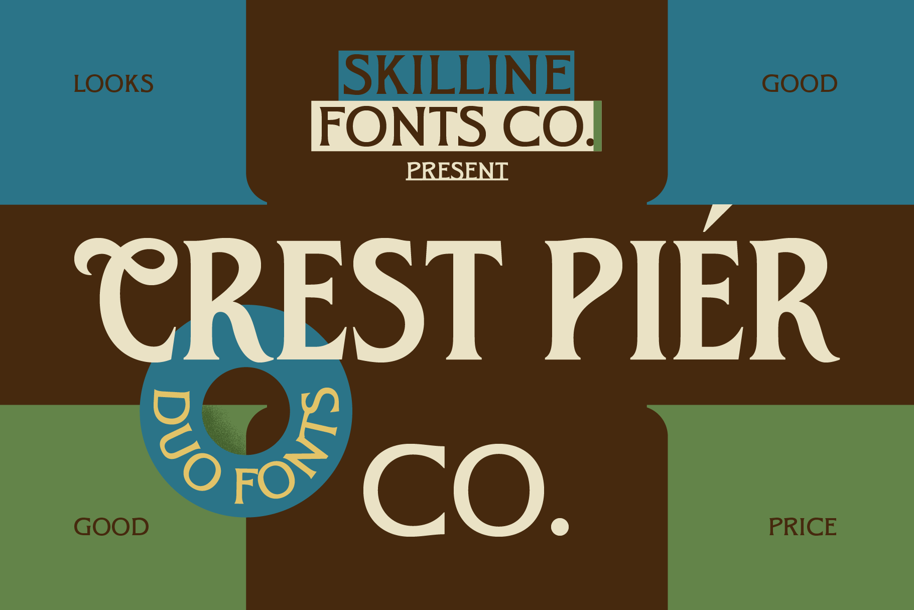 Crest Pier vintage poster layout with overlapping brown, teal, green shapes
