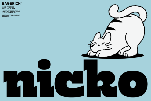 Bagerich font sample with cartoon cat stretching on light blue background