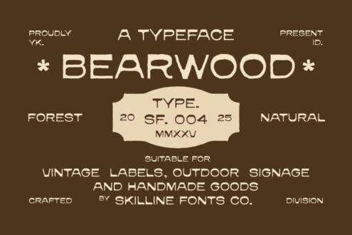 Bearwood typeface specimen showing vintage retro font design on brown