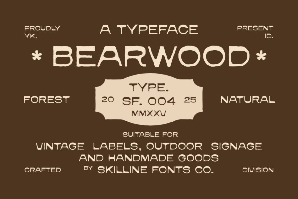 Bearwood typeface specimen showing vintage retro font design on brown