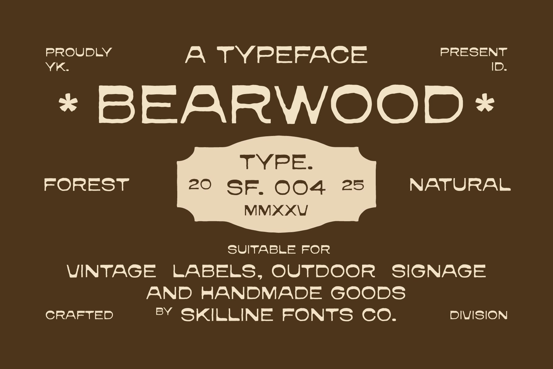 Bearwood typeface specimen showing vintage retro font design on brown