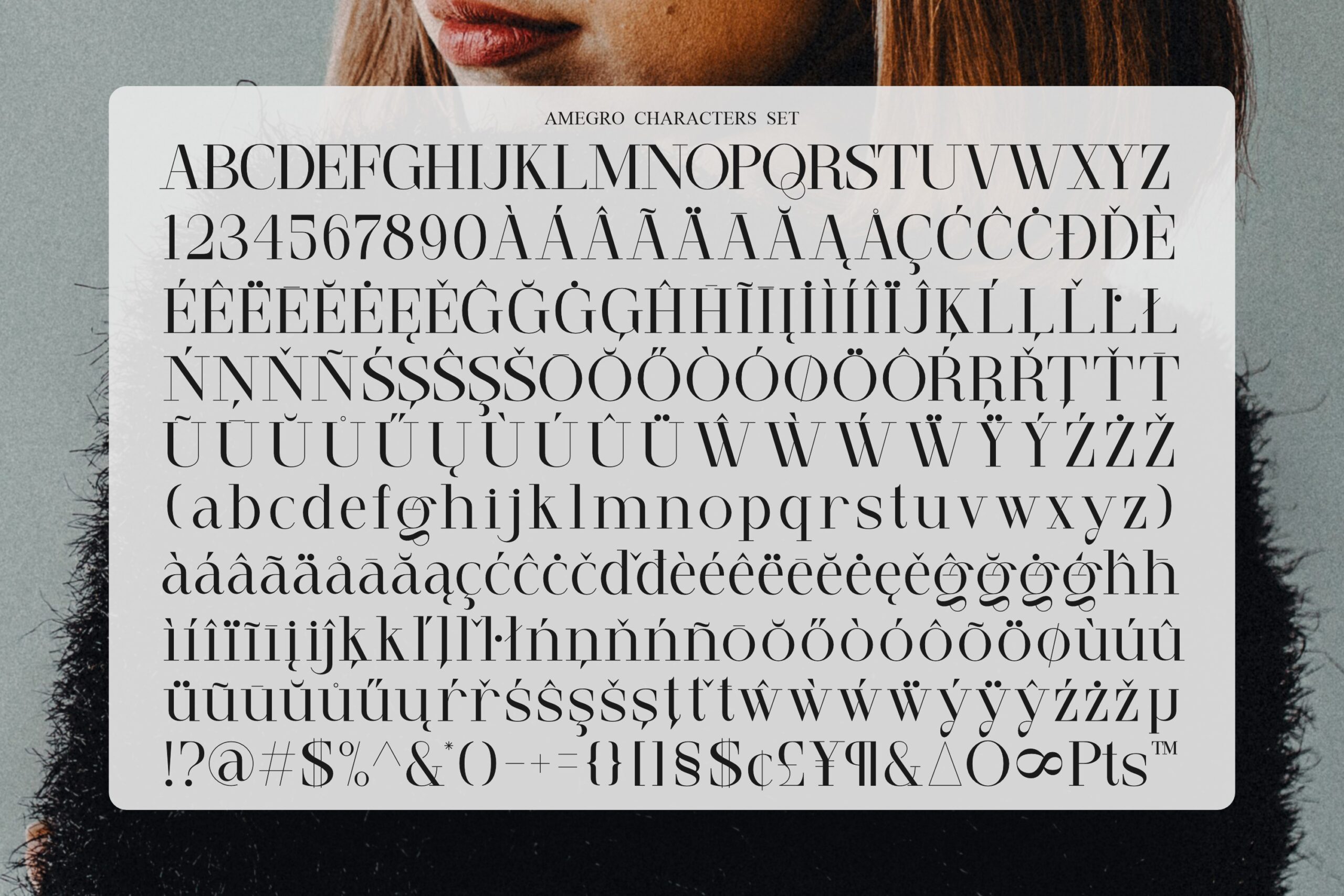 Font character set sheet showing Amegro letters, numbers, symbols overlay