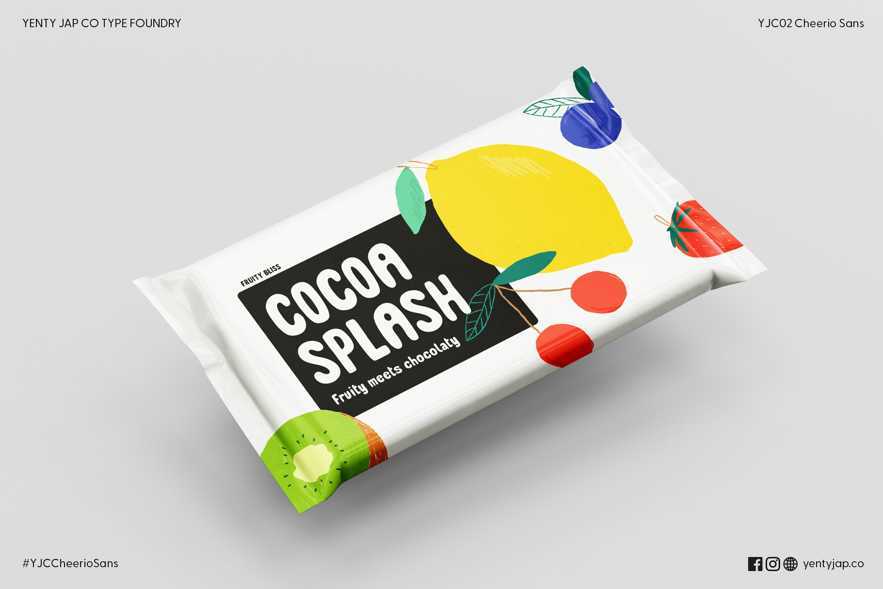 Cocoa Splash chocolate bar wrapper mockup with colorful fruit illustrations