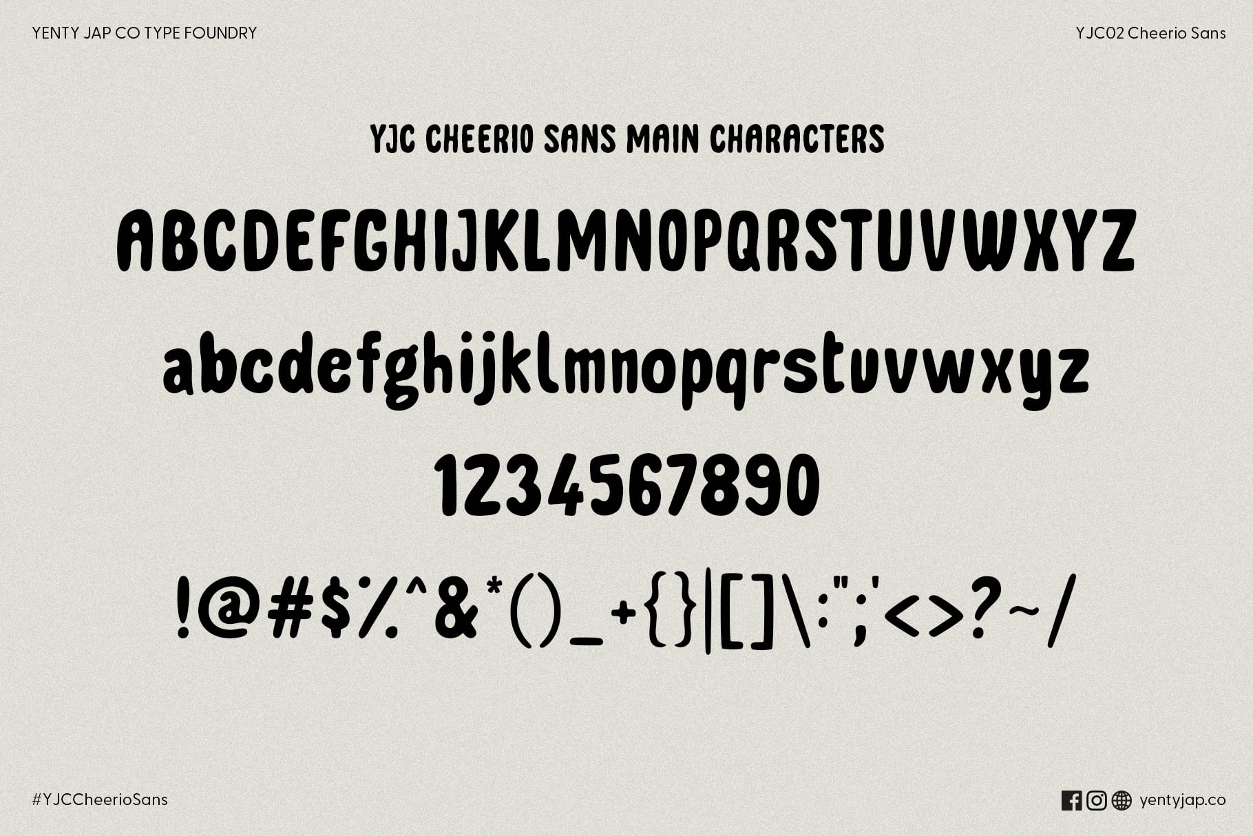 Character set showing uppercase, lowercase, numbers, symbols for Cheerio Sans font