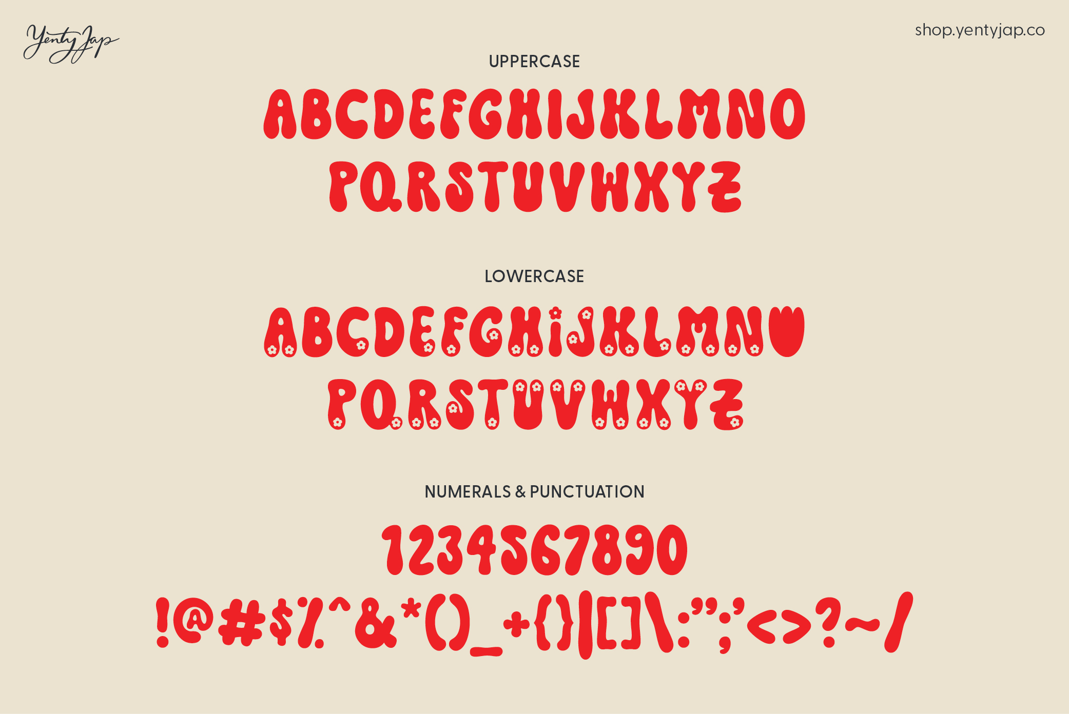 Red YJC Jelly Jam font displaying full alphabet, numbers with flower accents