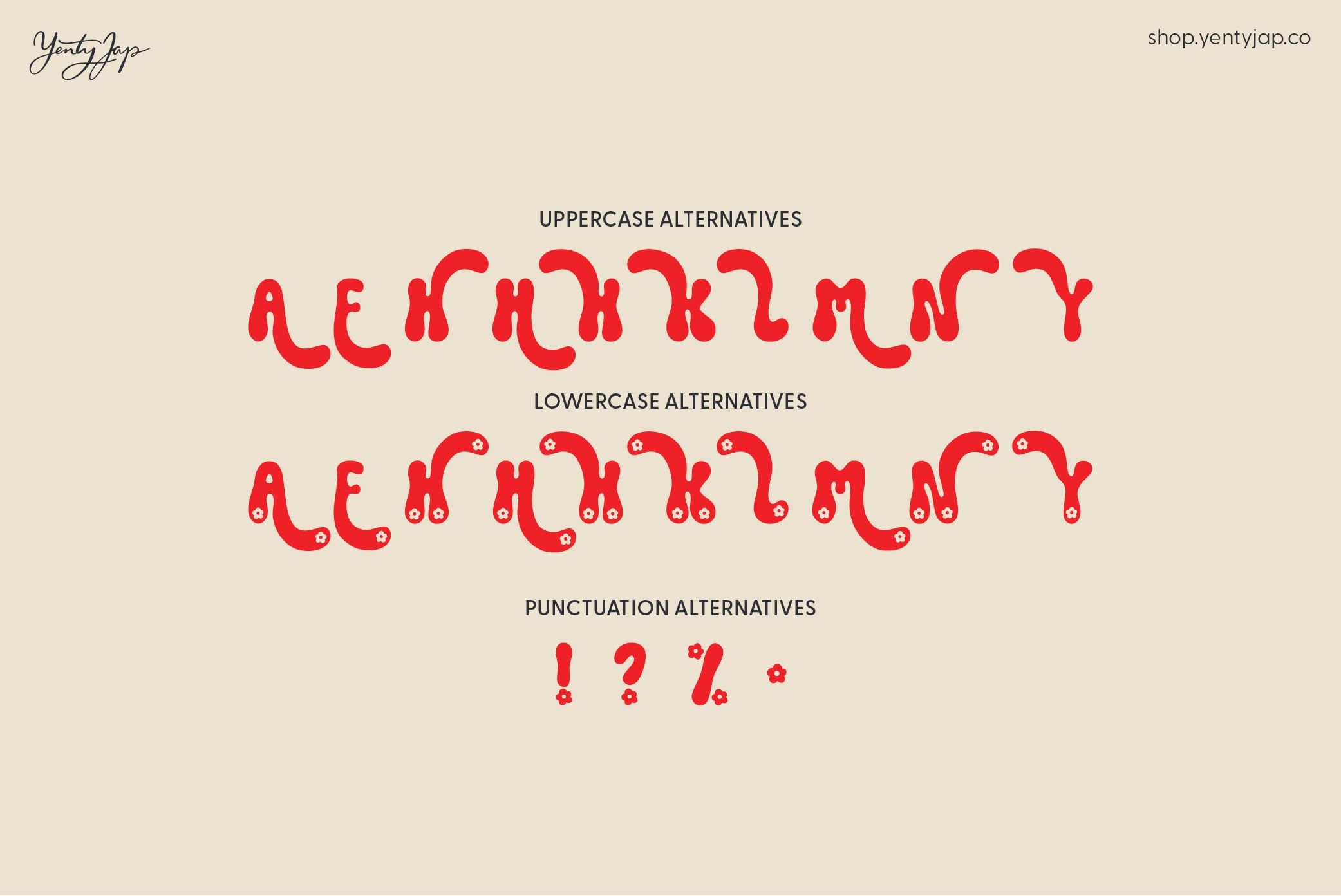 Red YJC Jelly Jam font showing uppercase, lowercase, punctuation variations