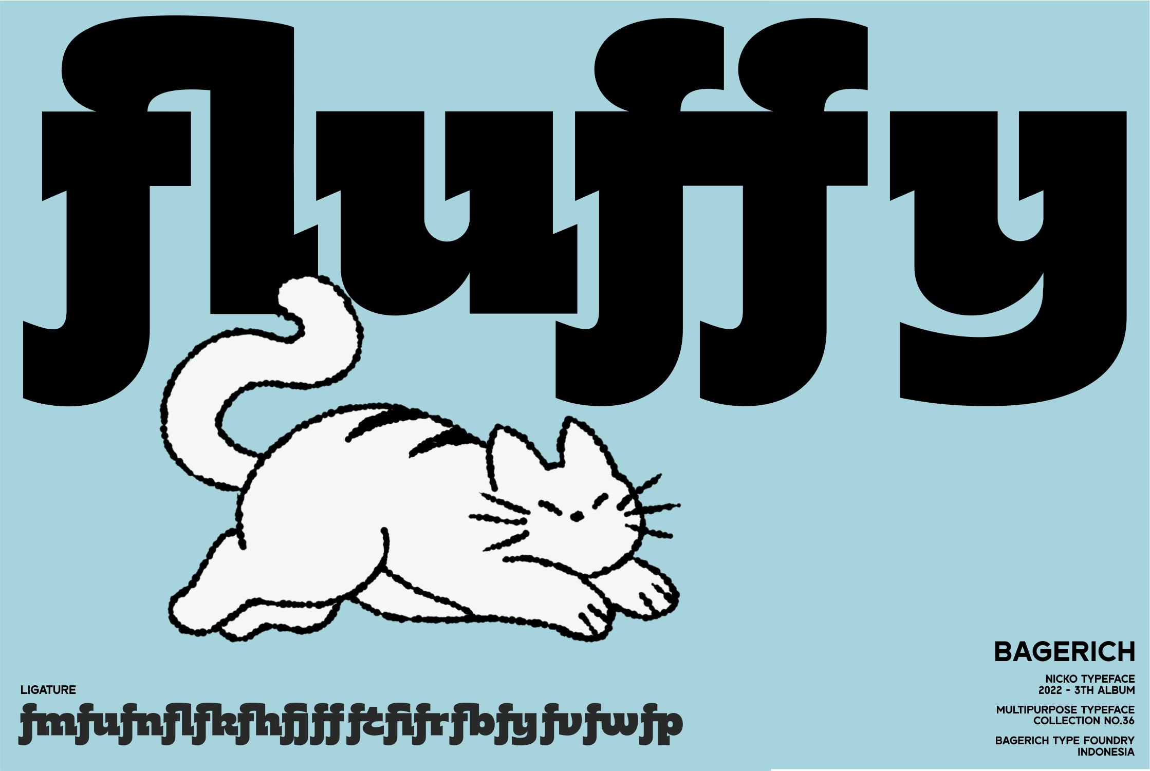 Nicko typeface specimen with cartoon cat outline on blue background