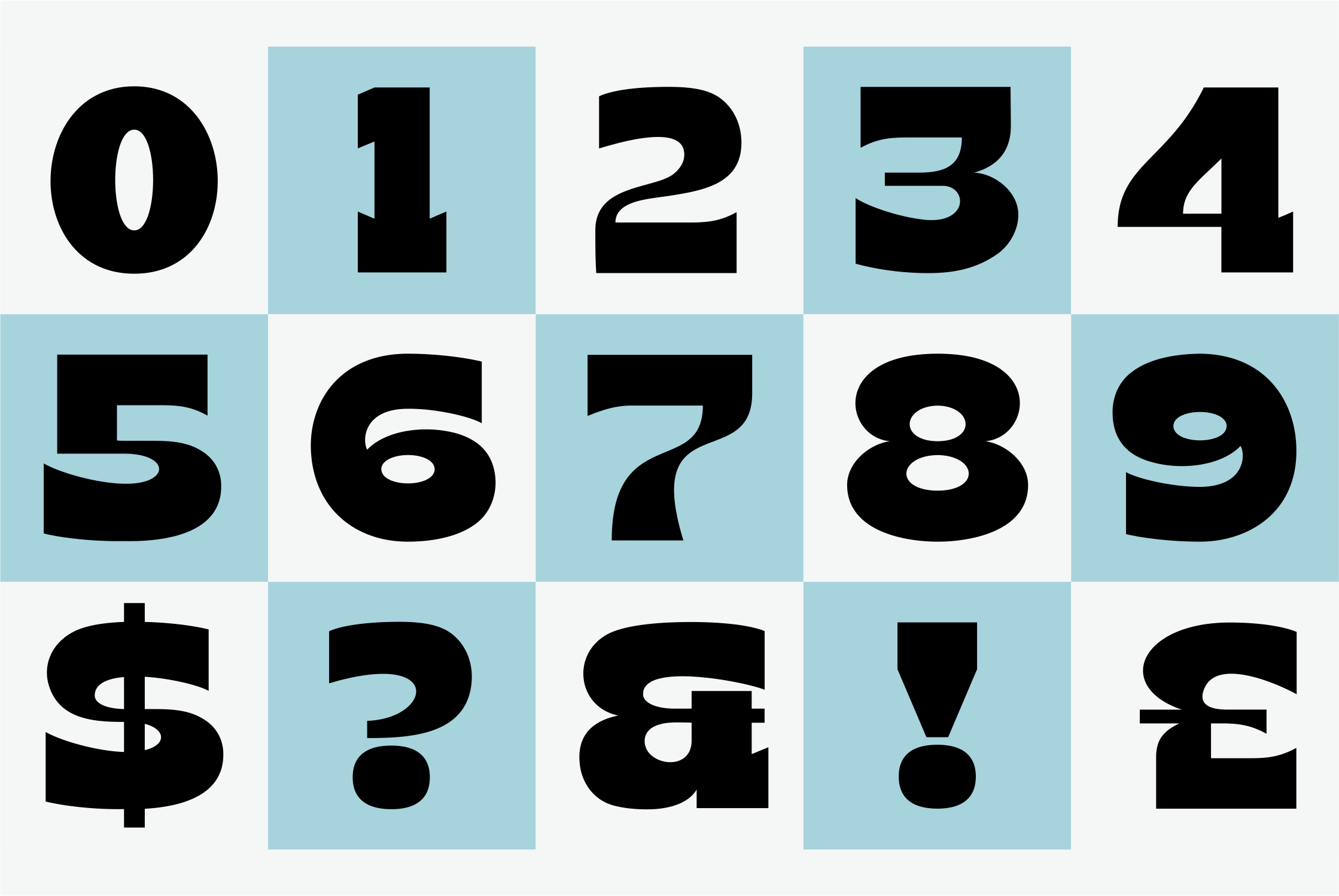 Numbers zero through nine in bold display typeface with light blue accents