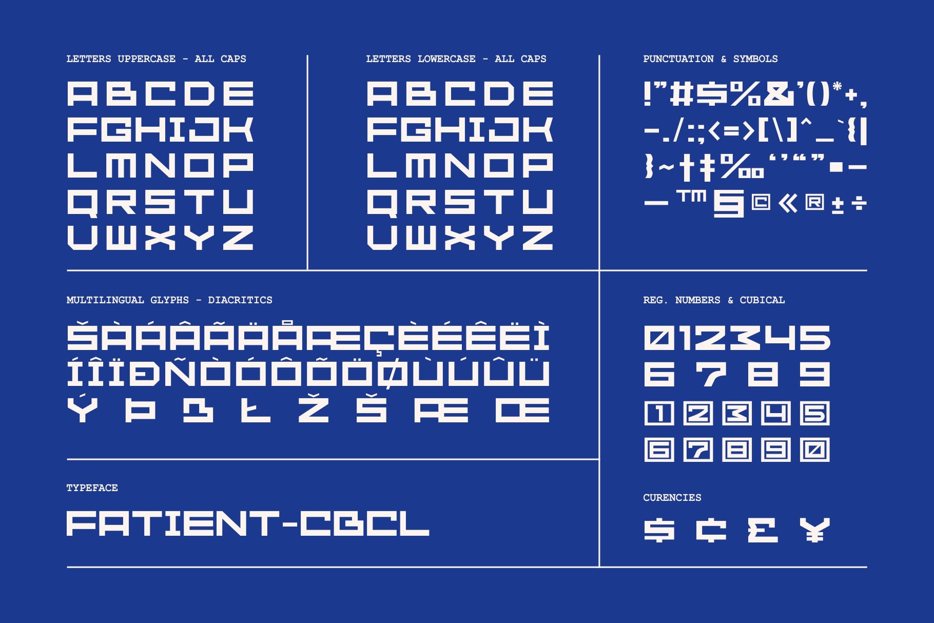 Patient-CBCL font character set showing uppercase, lowercase, symbols