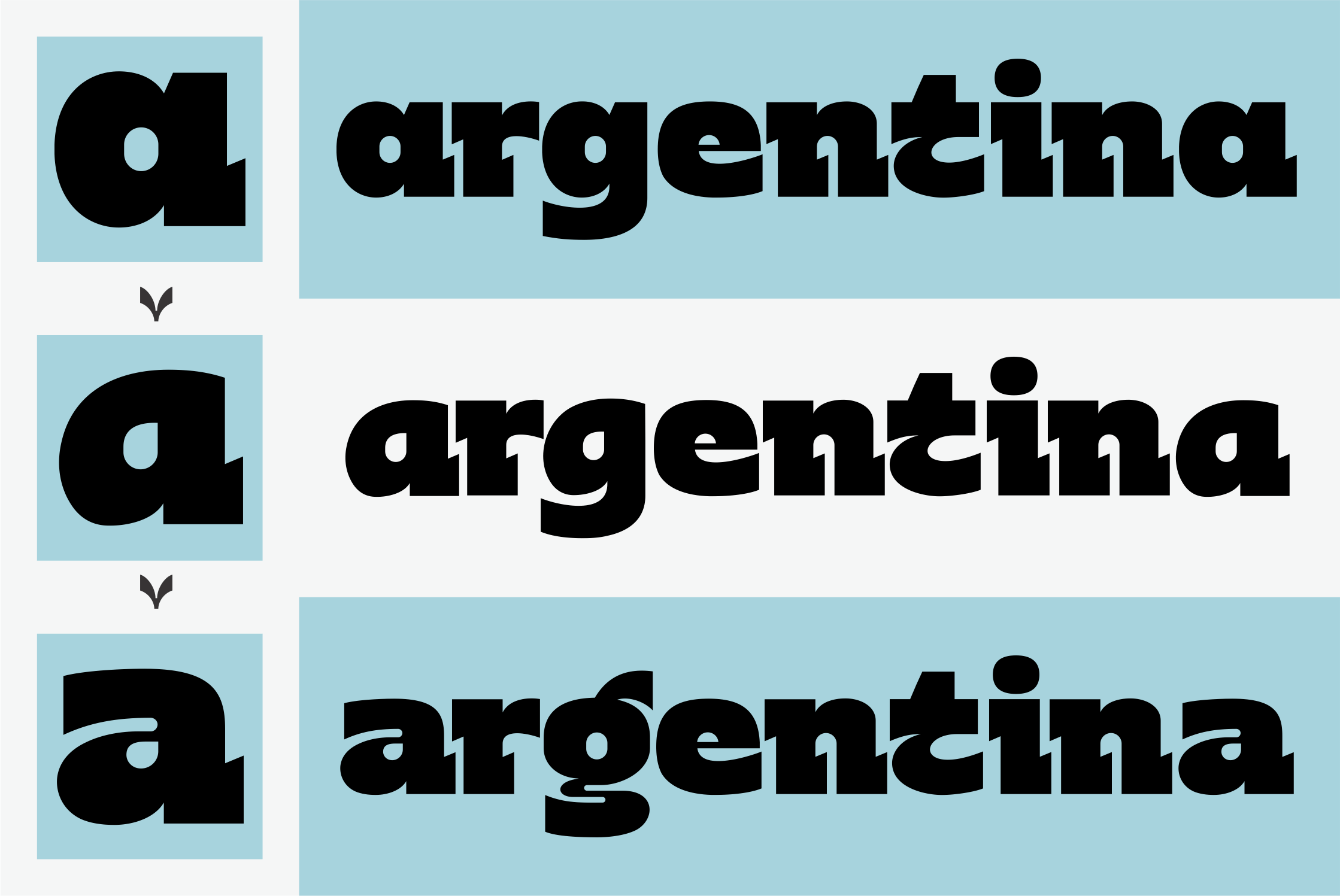 Argentina typeface showing three weight variations with light blue blocks
