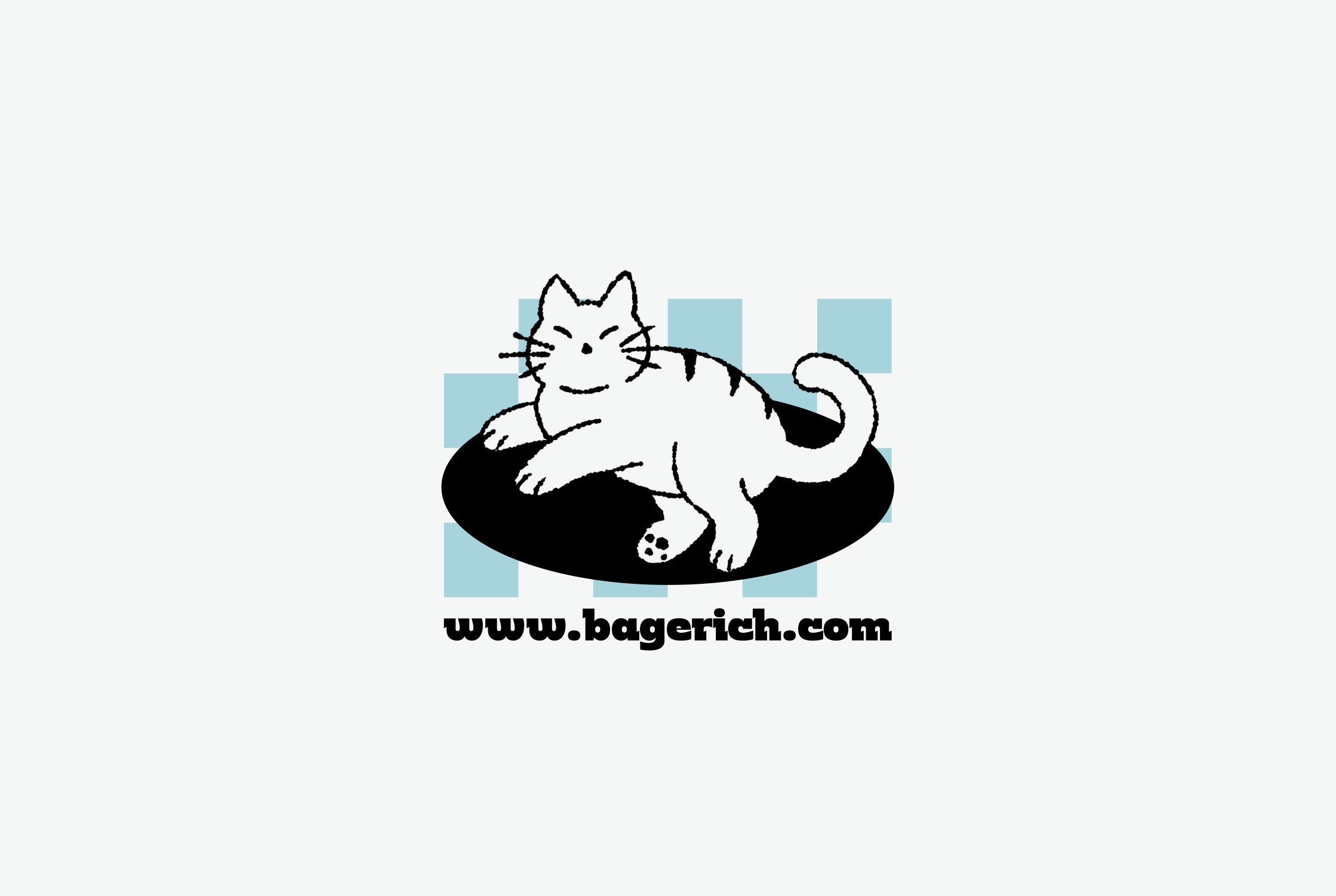 Cheerful cartoon cat lounging on cushion with website URL below