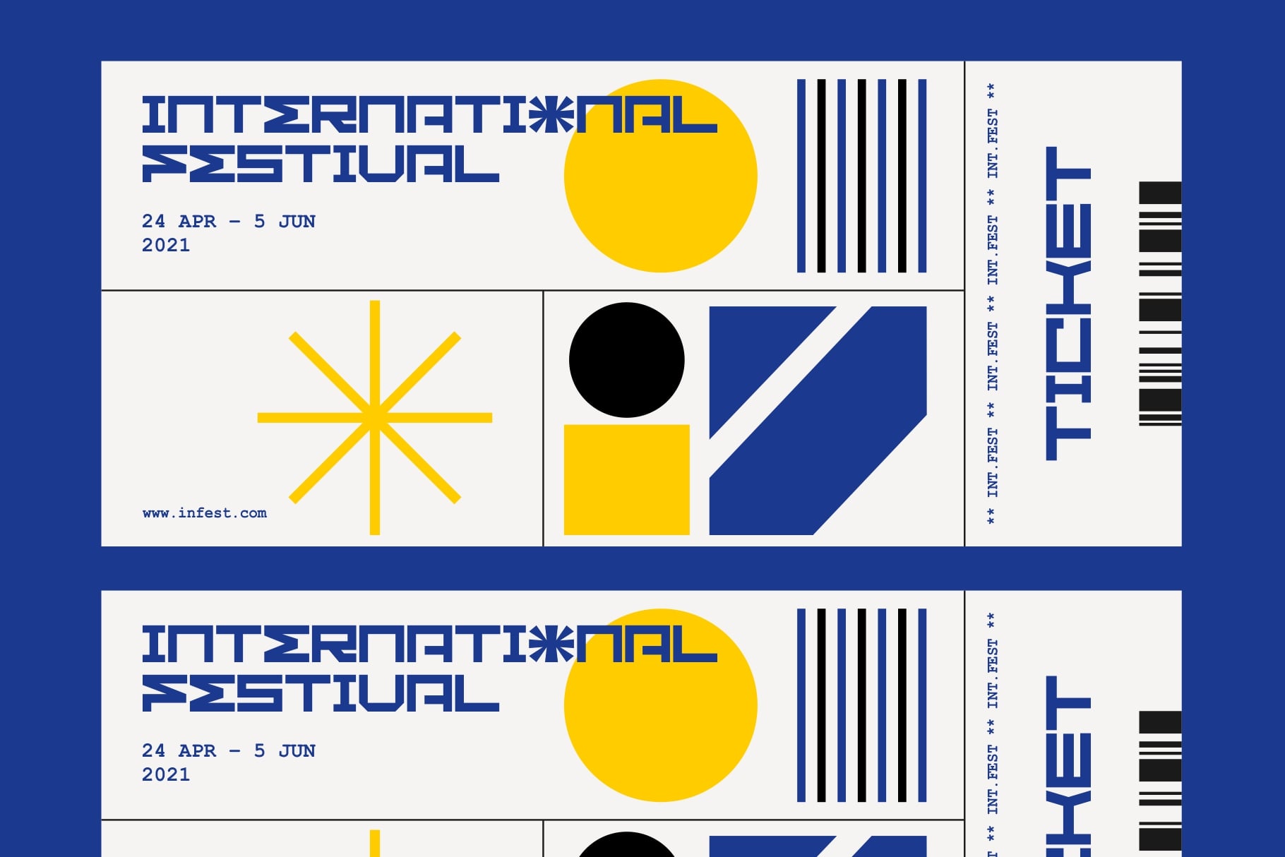 International festival poster with blue, yellow, black geometric shapes