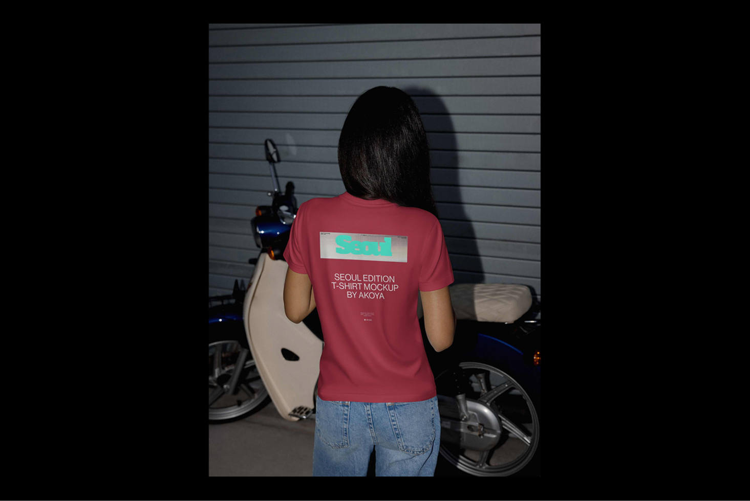 Rear view of woman wearing red Seoul edition T-shirt mockup by Akoya next to a motorbike. Ideal for apparel designers. T-shirt mockup SEO keywords.