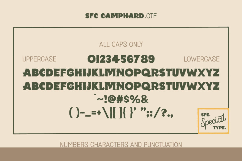 SFC Camphard font specimen sheet showing uppercase, lowercase, numbers, characters, punctuation