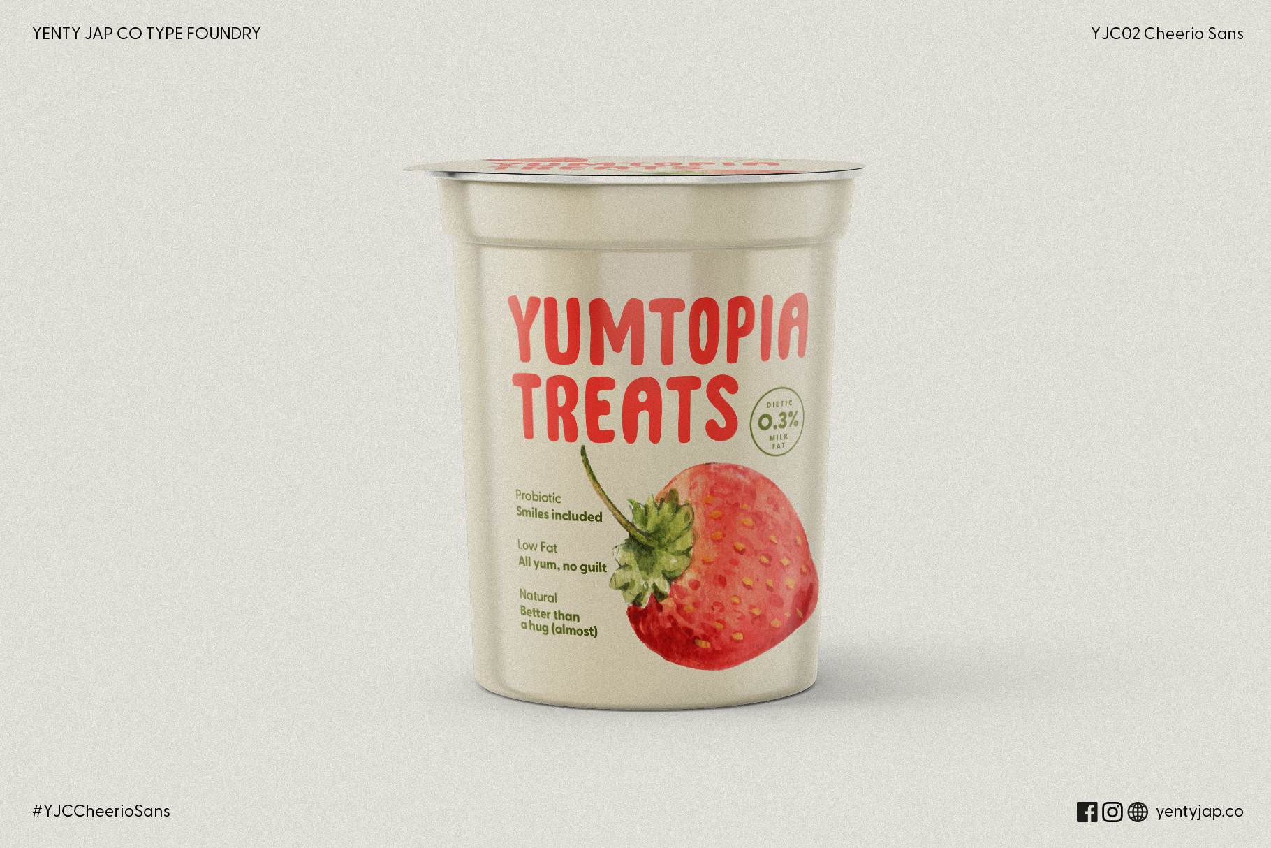 Yogurt container mockup showing Yumtopia Treats label with strawberry design on cream background