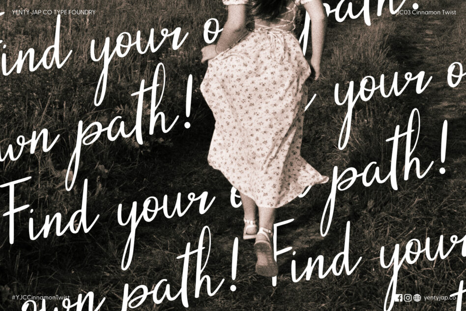 Vintage sepia photo of woman in floral dress with white script text overlay