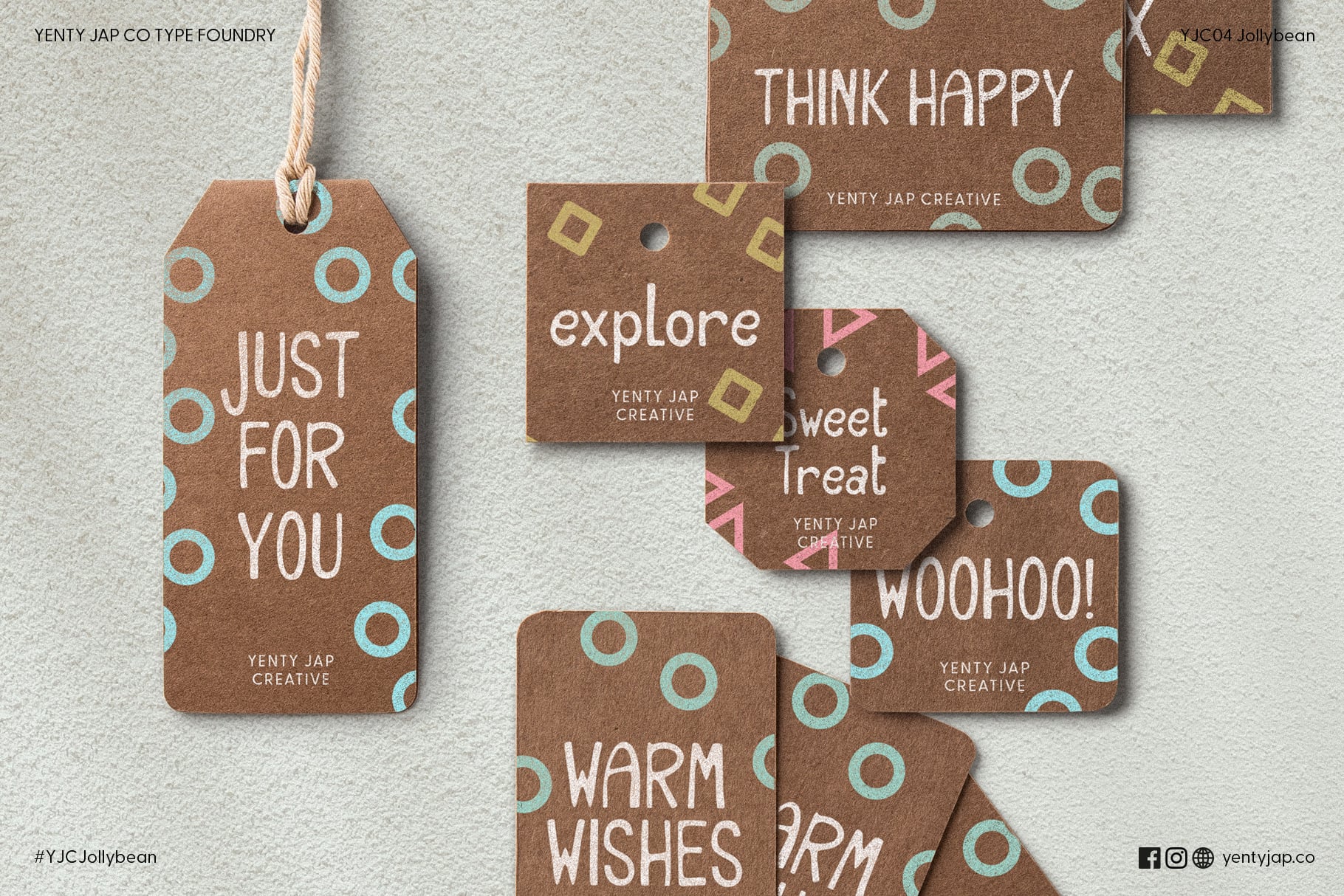 Brown gift tags with white text turquoise geometric patterns