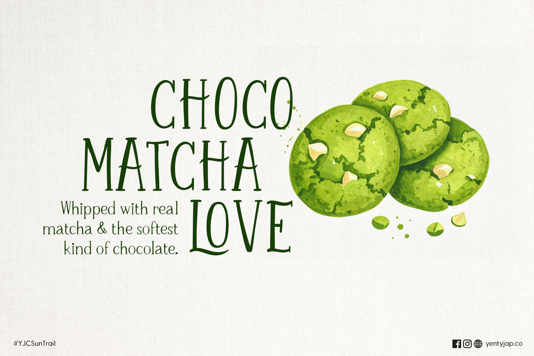 Green matcha cookies illustration with text describing chocolate matcha flavor combination