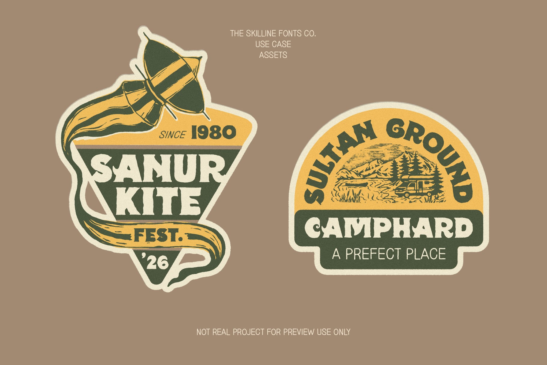 Two vintage camping badges featuring kite festival since 1980, sulfur ground campground design