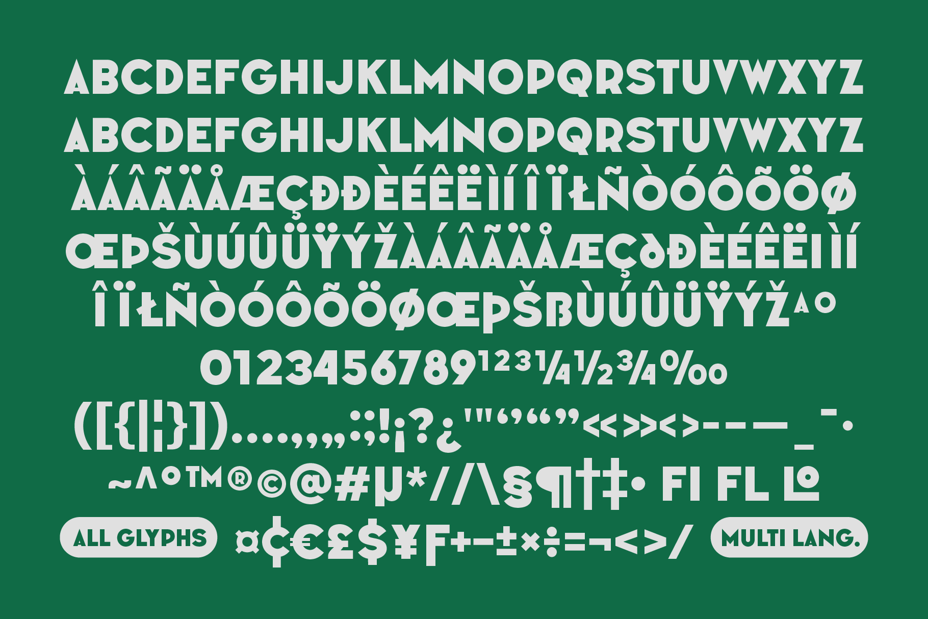 Chunky sans-serif typeface sample with multilingual characters, all glyphs shown
