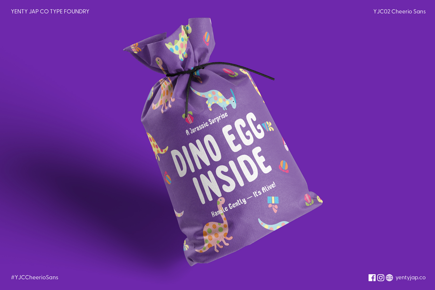 Purple drawstring pouch mockup featuring dinosaur pattern with Dino Egg Inside text