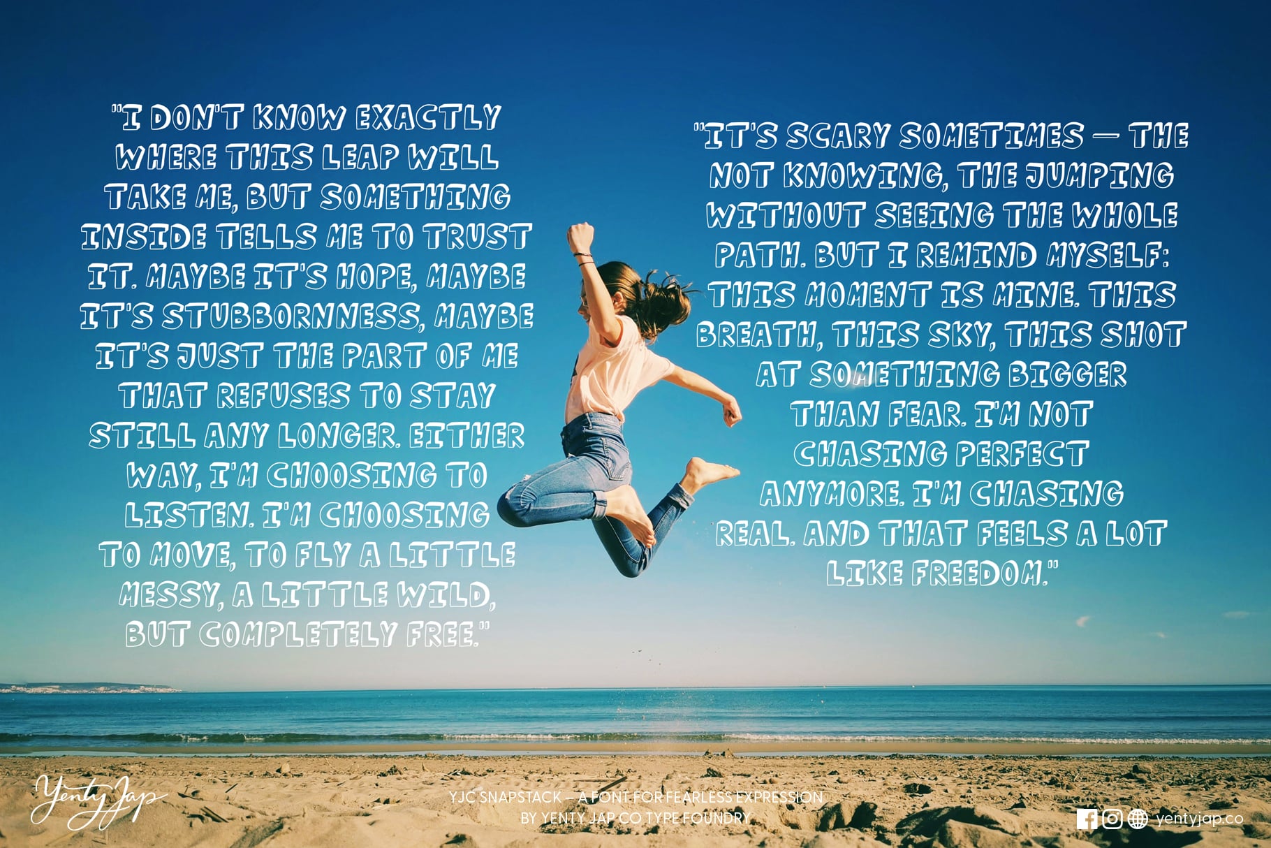 Woman jumping on beach with inspiring freedom quote text overlay