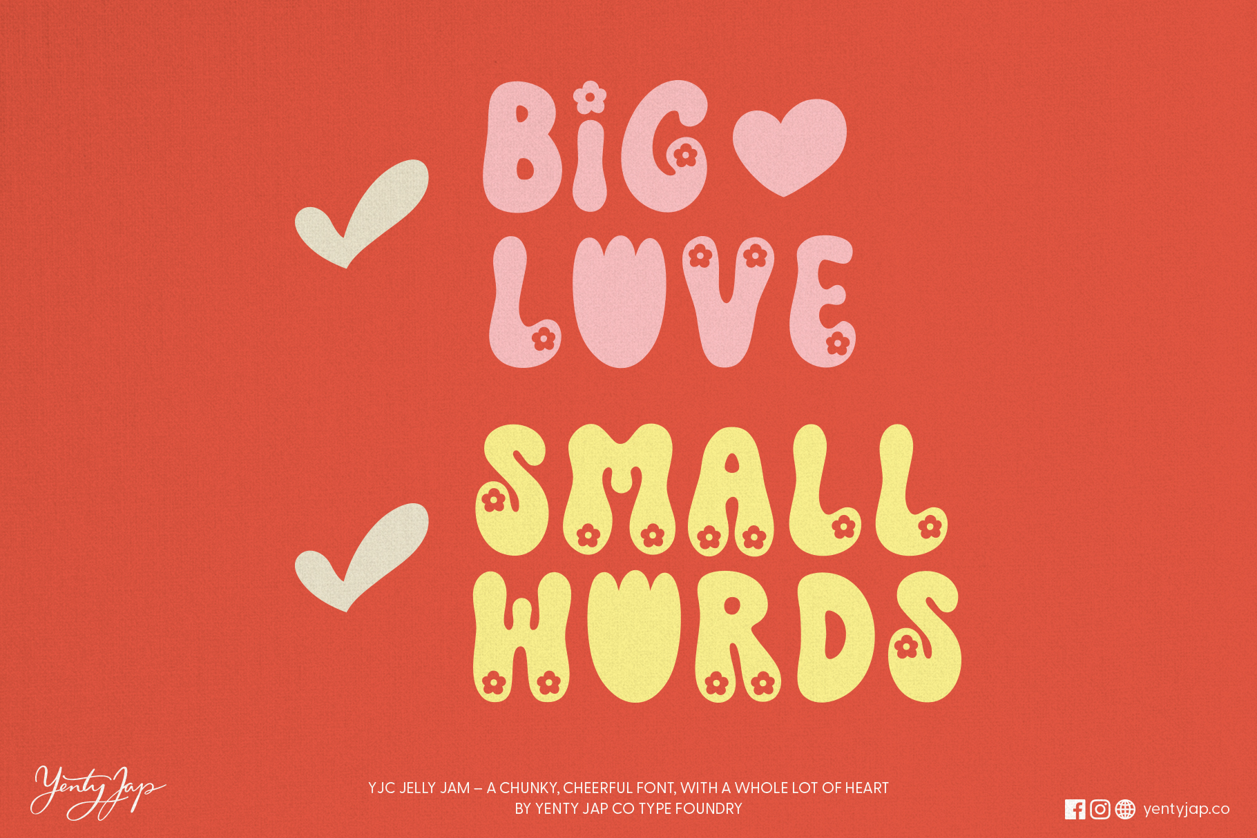 Big Love Small Words in pink plus yellow text with checkmarks on coral