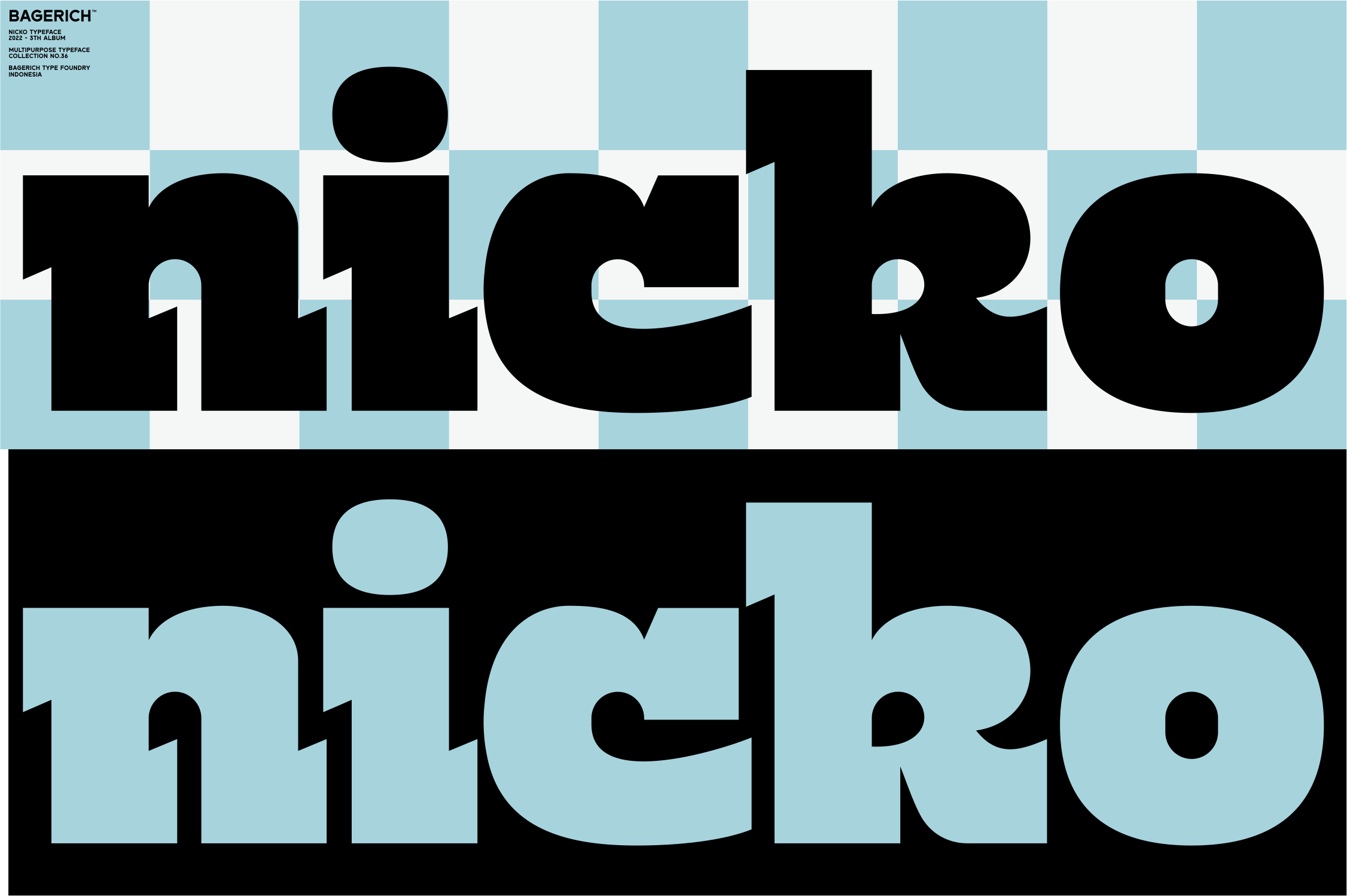 Bagerich typeface display showing bold black lettering on light blue grid background