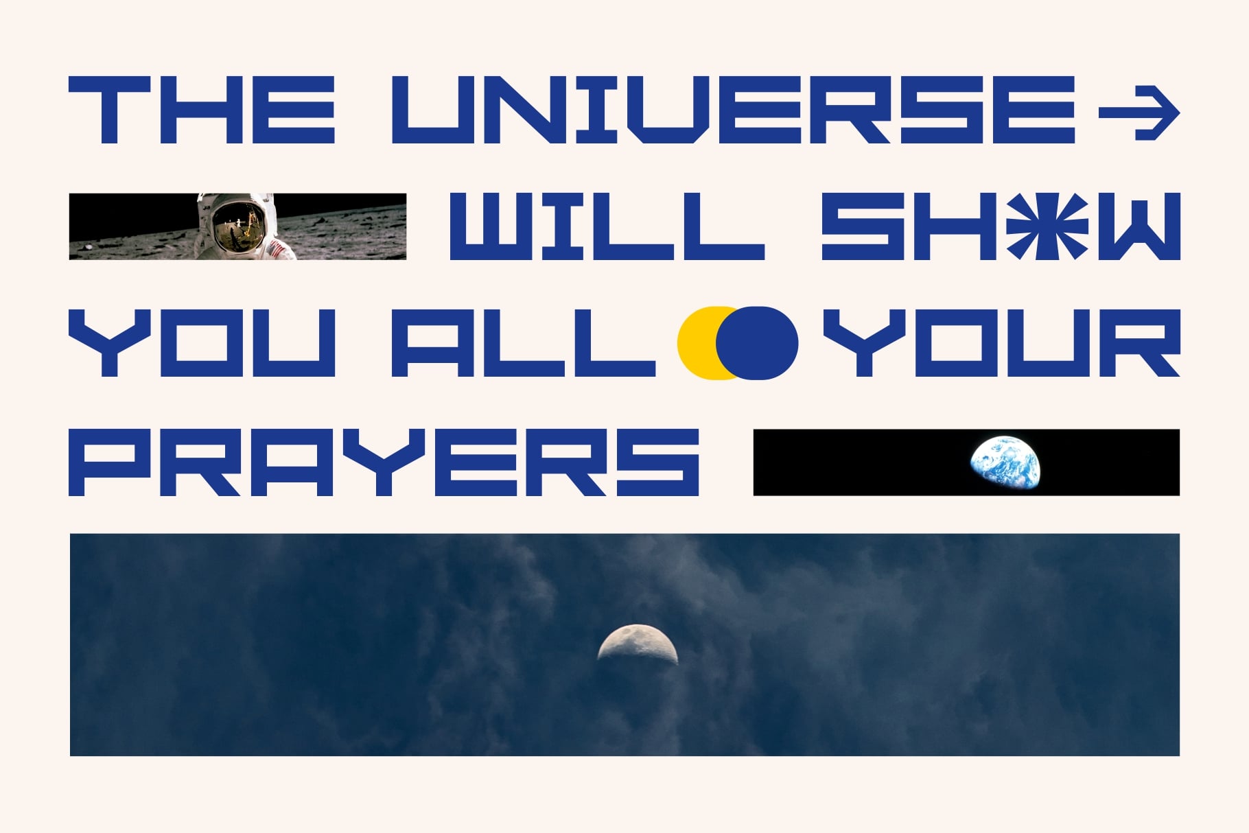 Cosmic collage with astronaut, planets, bold typography about universe prayers