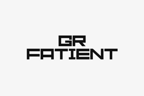 Minimal light background featuring bold black geometric sans serif letters gr fatient