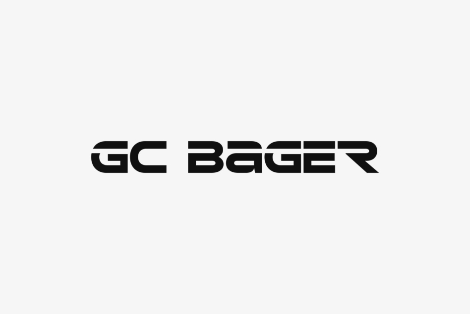 GC Bager sans serif font in thick futuristic style on light background