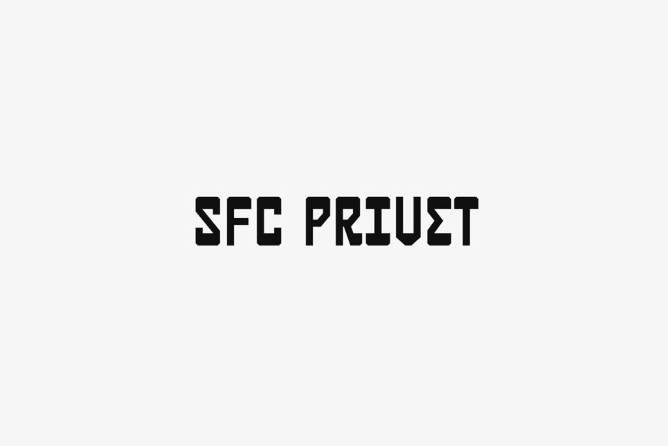 SFC Priwst typeface name in black pixelated letterforms on light neutral background