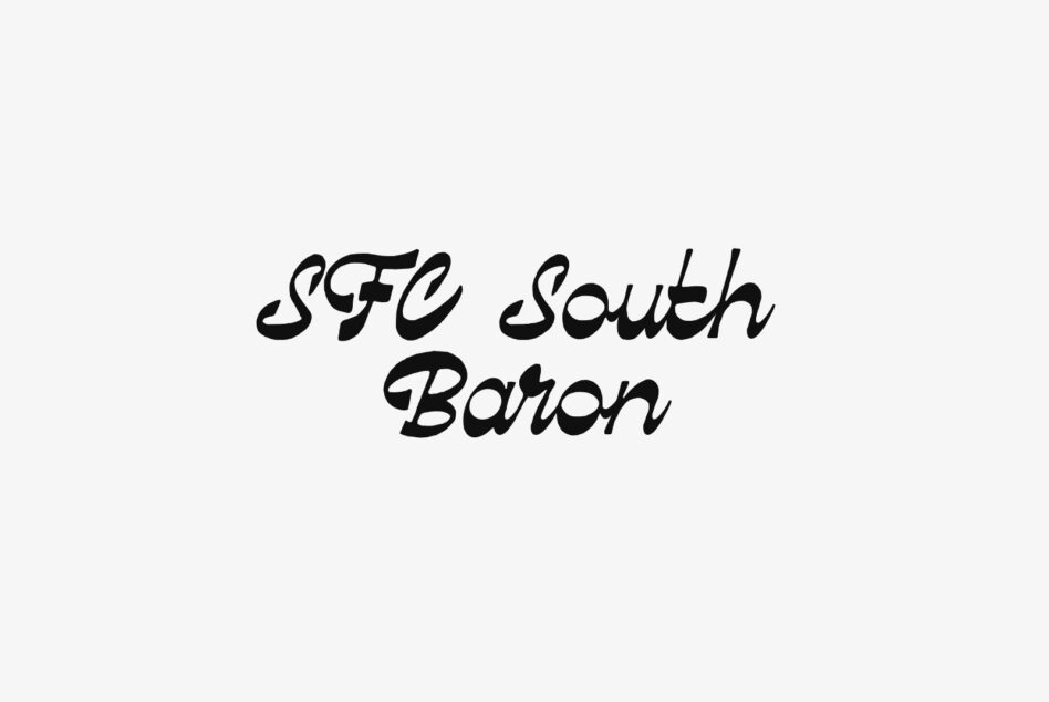 SFO South Baron script typeface in black italic lettering