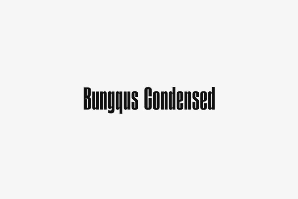 Bungqus Condensed typeface specimen in sharp narrow letter forms