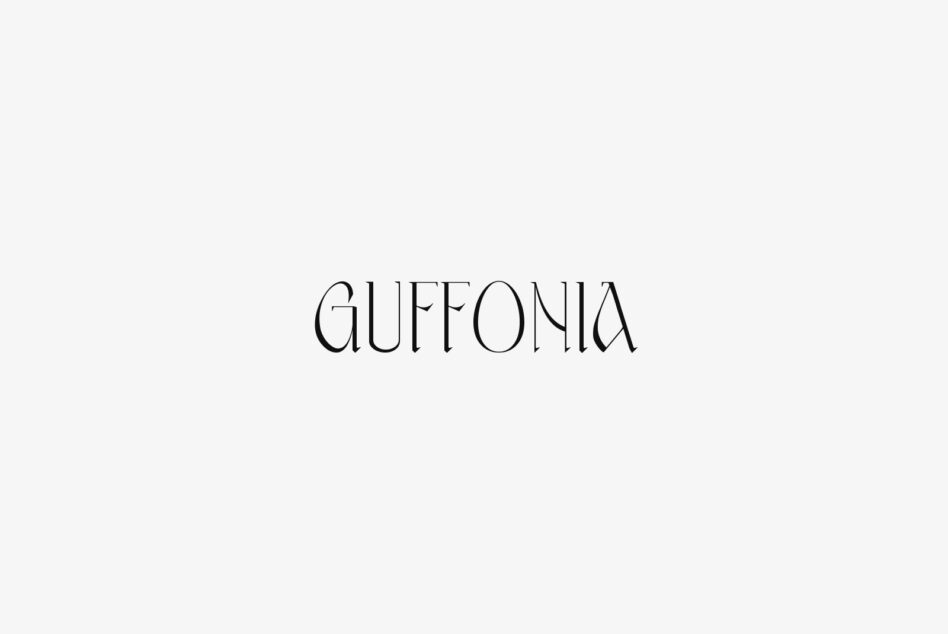 Guffonia thin outline font in all caps on neutral background