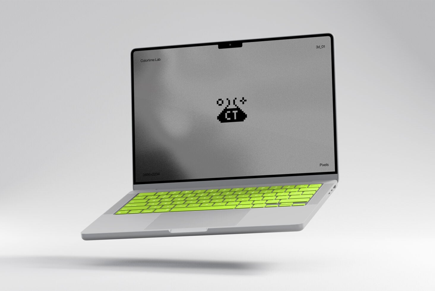 Laptop mockup with neon green keyboard on white background