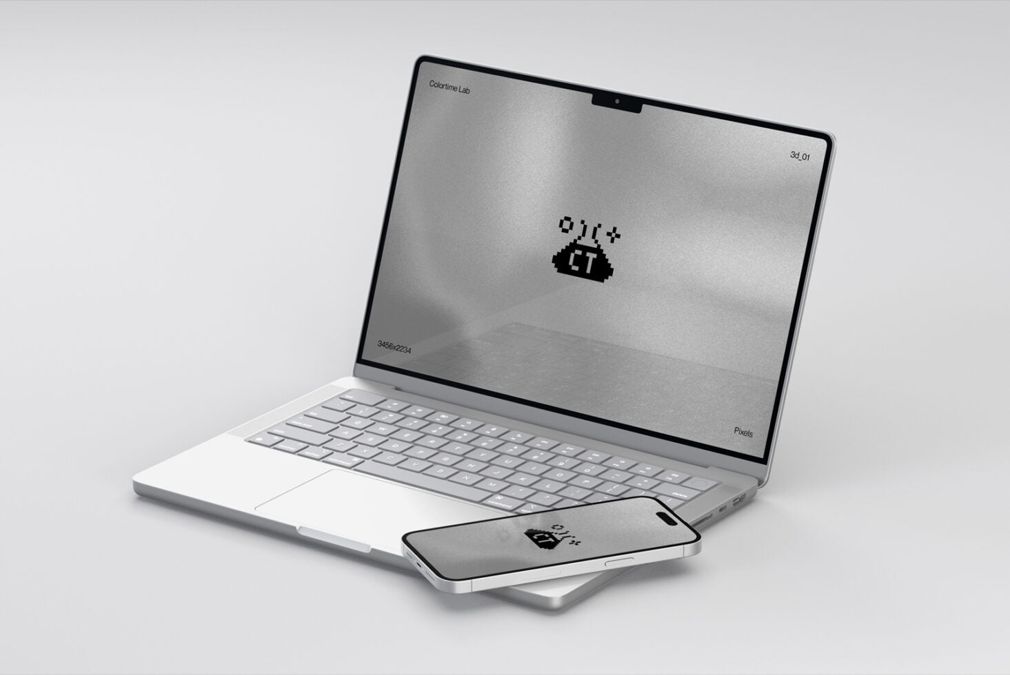 Silver laptop mockup with smartphone on white background