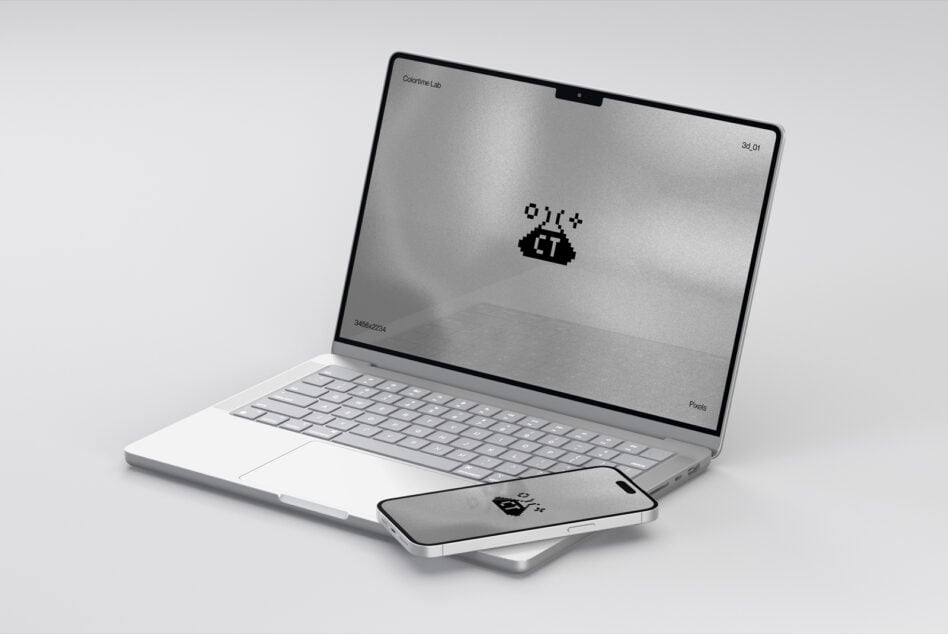 Silver laptop mockup with smartphone on white background
