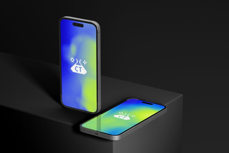 Two iPhones with blue to green gradient screens showing pixel art cloud logo