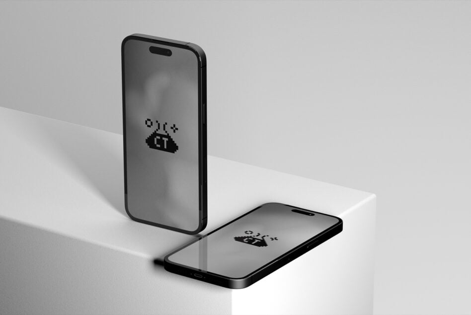 Two black iPhones displaying pixel art cloud logo on neutral background