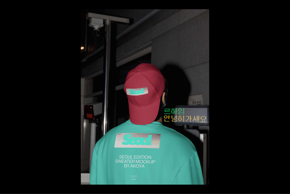 Mockup of a person in a teal sweater with Seoul graphic and red cap in an urban setting. Ideal for designers seeking trendy apparel graphics.