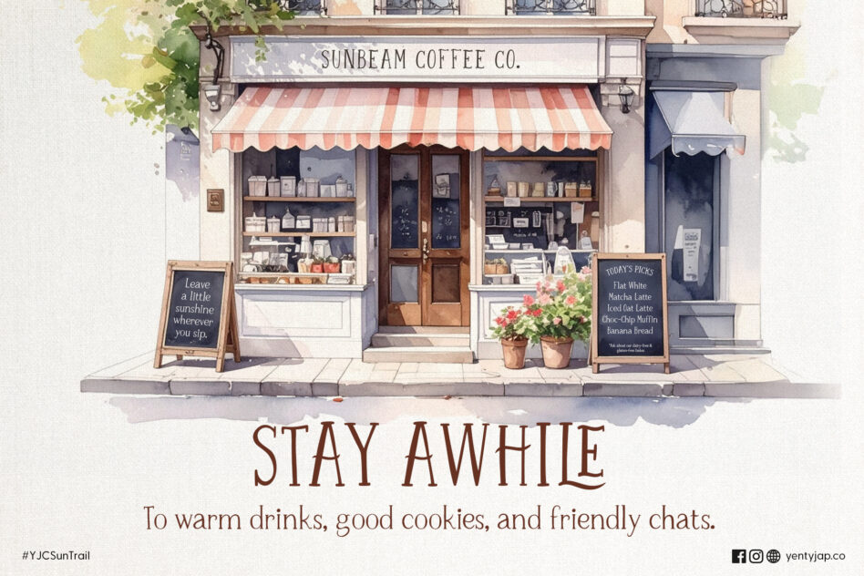 Watercolor storefront with red striped awning labeled Sunbeam Coffee Co, flowers, chalkboards