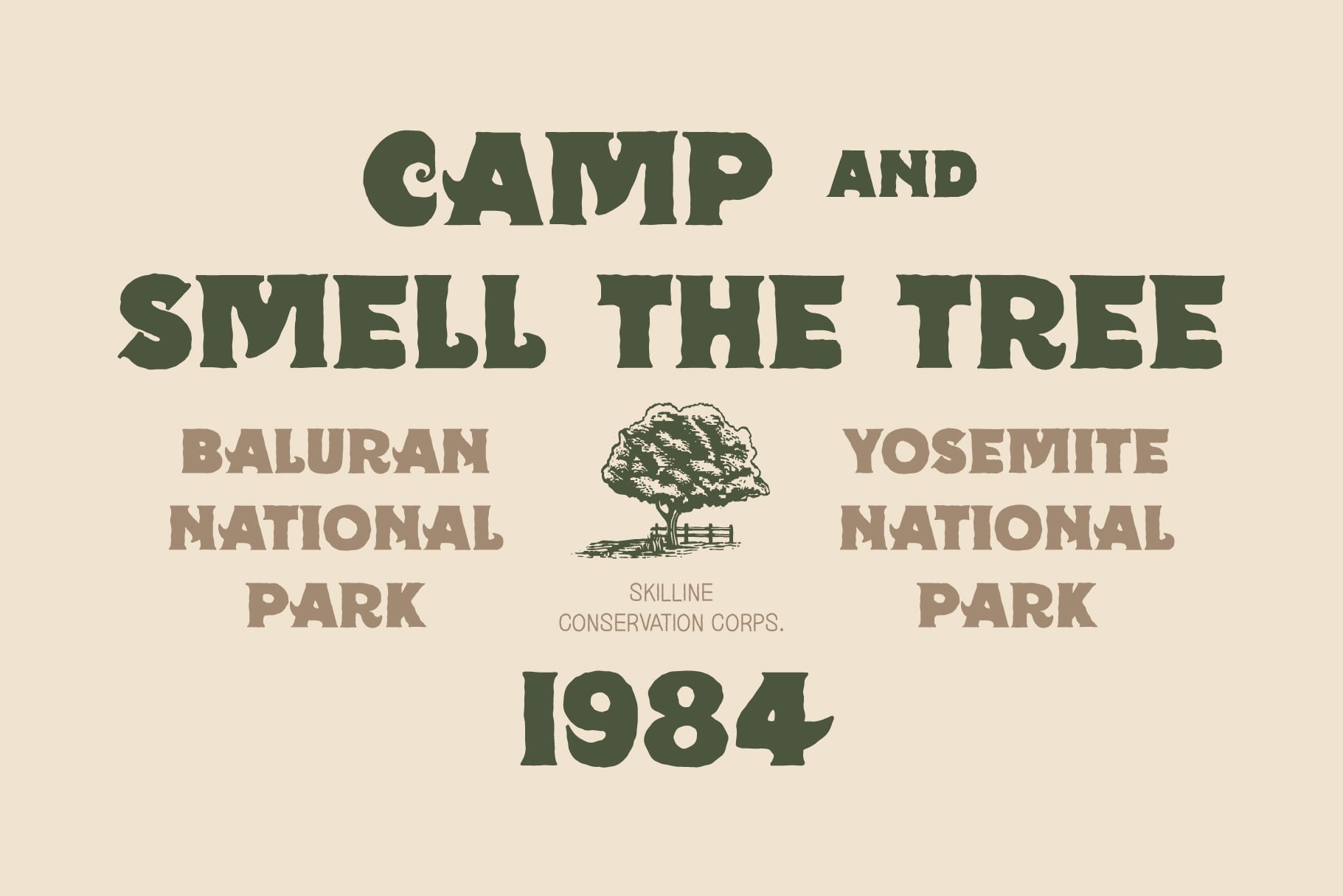 Retro outdoor poster reads Camp Smell Tree with 1984 date, forest tree illustration