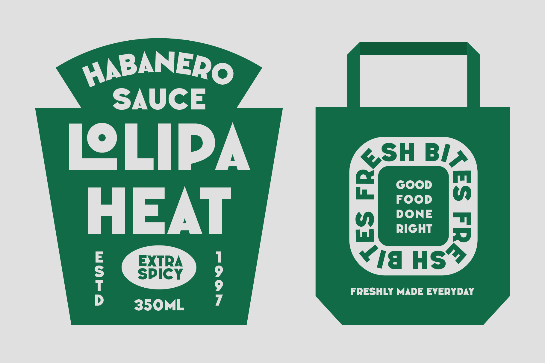 Habañero sauce bottle label plus fresh bit market bag mockup, green bottles
