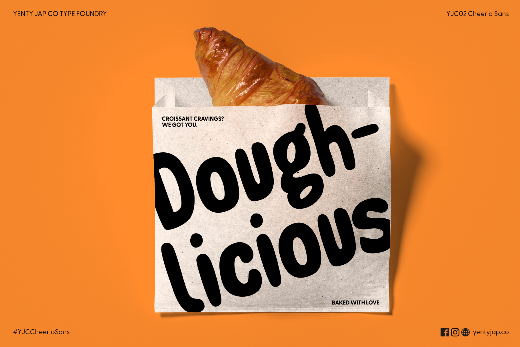 Bakery bag mockup with croissant labeled Dough Licious in bold black Cheerio Sans font